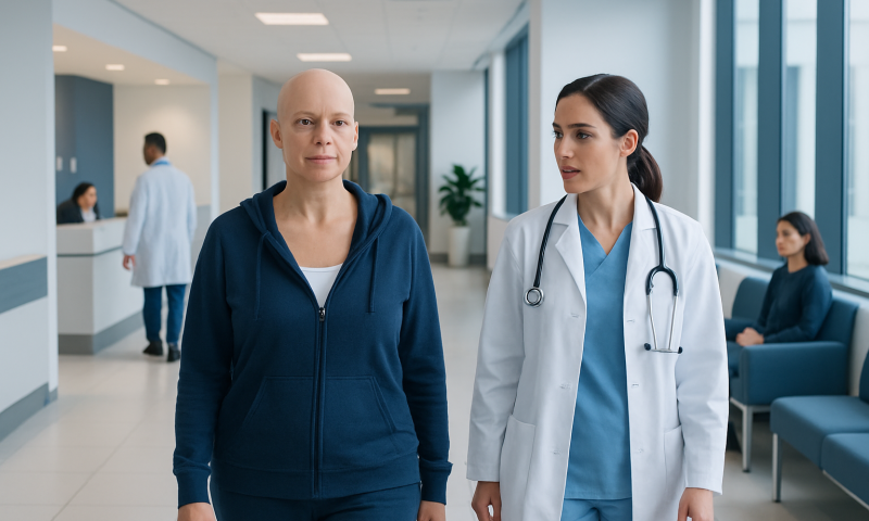 Patient with healthcare professional in hospital corridor.
