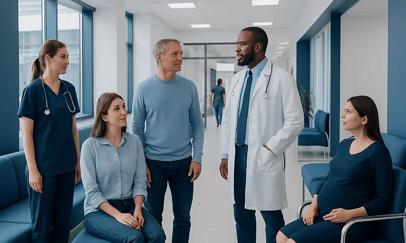 Medical team consulting patients in a modern hospital corridor.