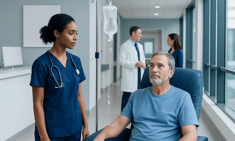 Patient receiving IV infusion in hospital setting with medical staff nearby.