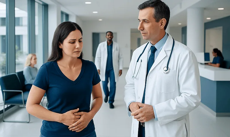 Doctor consulting with a female patient in a hospital corridor.