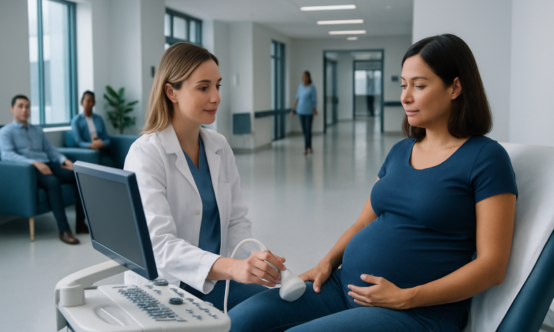Pregnant woman undergoing fetal heart ultrasound at a hospital.