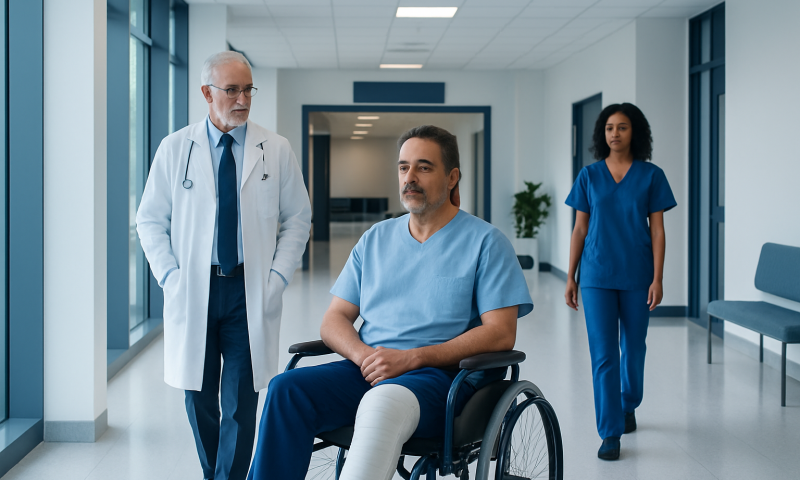 Patient in wheelchair with medical staff in hospital corridor.