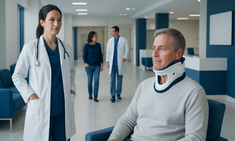 Patient with neck brace in hospital corridor during consultation.