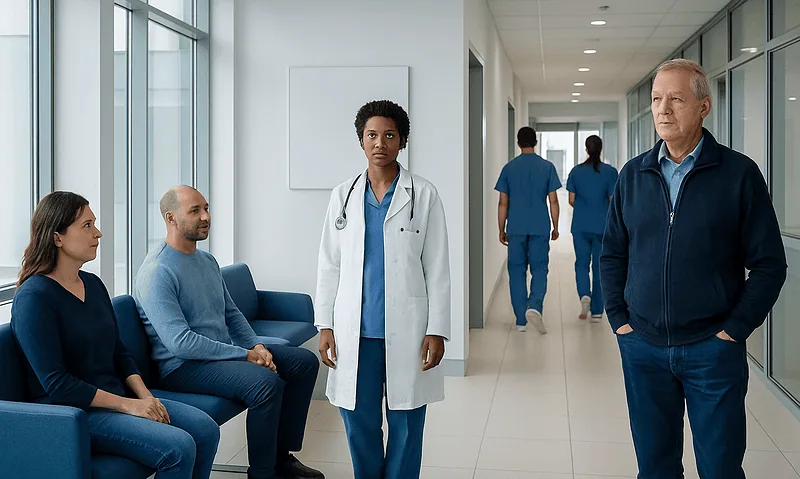 Medical consultation in a modern hospital corridor with healthcare professionals and patients.