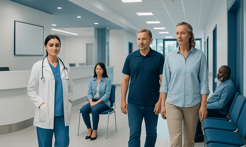 Patients and doctor in a modern hospital corridor in Turkey.