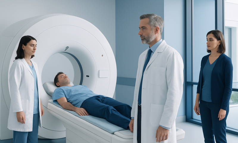 Patient undergoing full body MRI scan in a modern hospital setting.