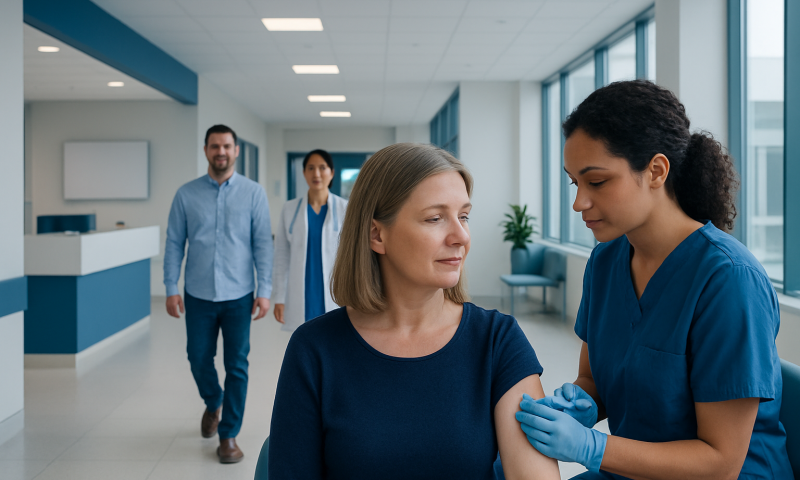 Healthcare professional administering G-CSF injection to a patient in a hospital corridor.