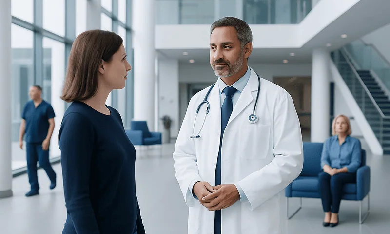 Doctor talking to a patient in a modern hospital lobby.