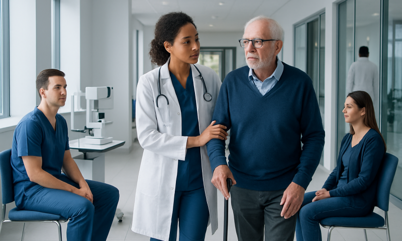 Doctor consulting with an elderly patient in a hospital corridor.