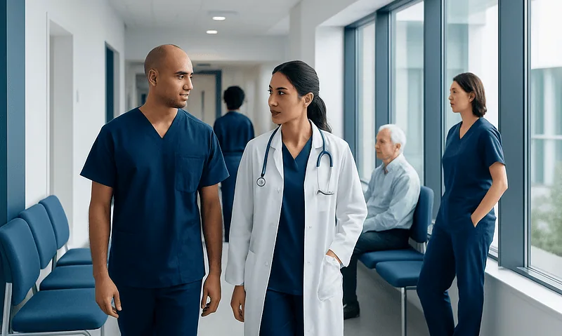 Medical team discussing patient care in hospital corridor.