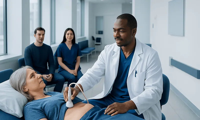 Doctor performing ultrasound examination on a patient in hospital.