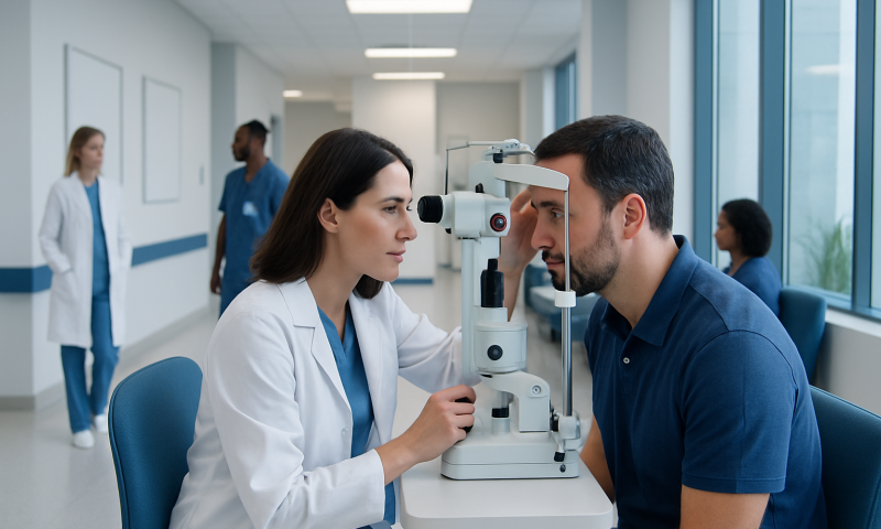 Ophthalmologist performing eye examination with slit lamp in clinic.