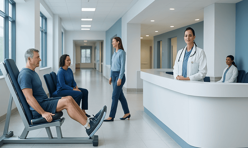 Patients and medical staff in a modern hospital waiting area.