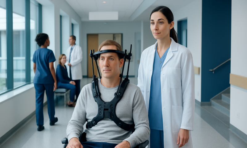 Patient with halo brace in a hospital corridor with medical staff and other patients.