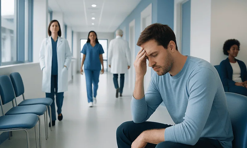 Young man with headache sitting in hospital corridor with medical staff nearby.