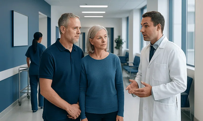 Doctor explaining treatment options to a couple in hospital corridor.