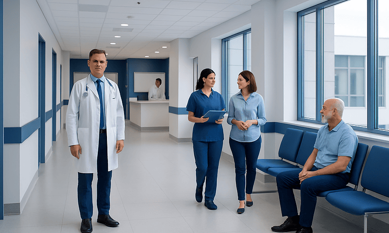 Medical staff consulting patient in hospital corridor at Acibadem Hospitals Group.