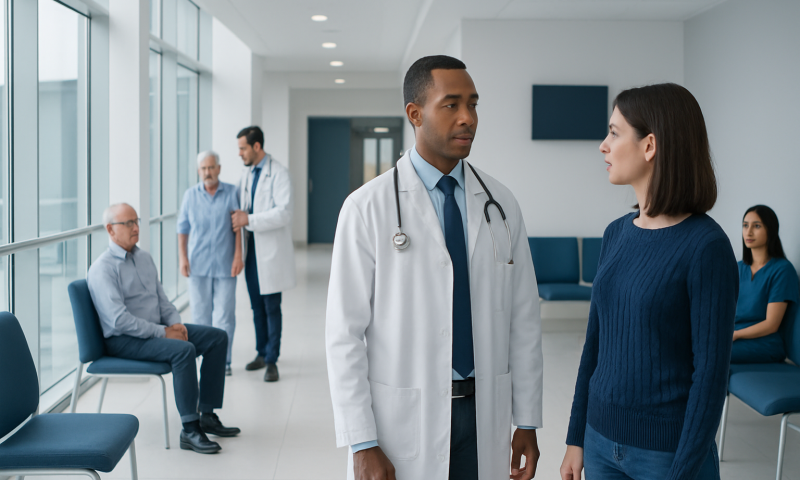 Doctor consulting patient in hospital waiting area with other patients nearby.