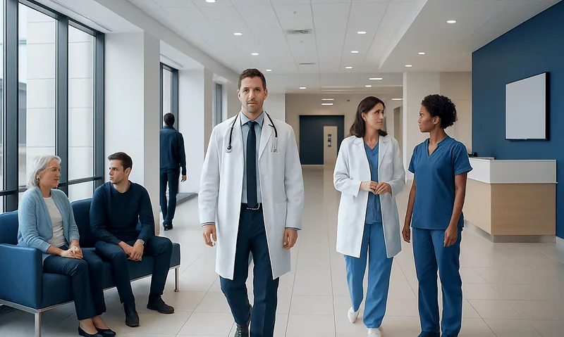 Medical team and patients in a modern hospital corridor.