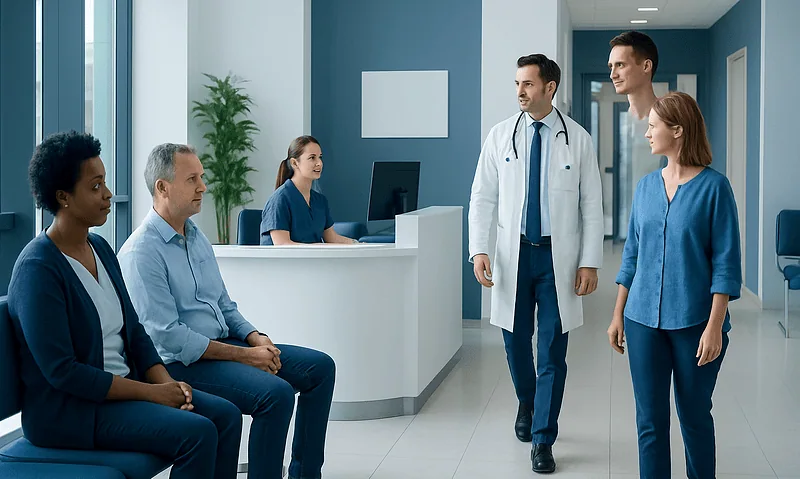Medical team consulting patients in a hospital corridor.