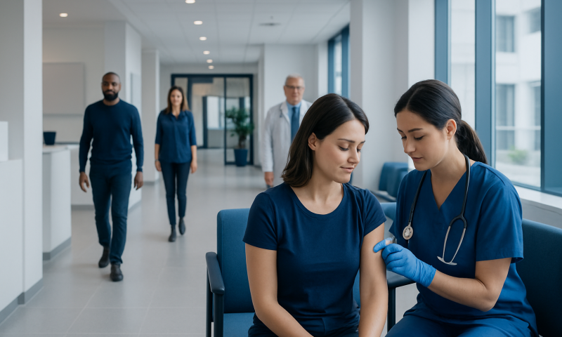Nurse administering Hep A vaccine to a patient in a hospital corridor.