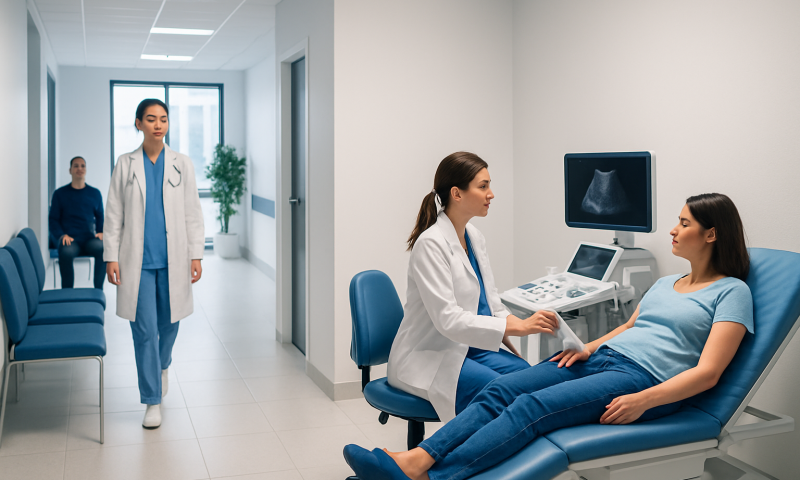 Doctor explaining ultrasound results to a patient in a hospital setting.