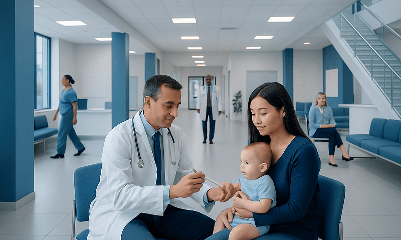 Doctor examining a baby with mother in a modern hospital waiting area.