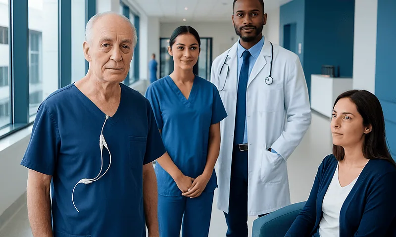Medical team with patient in hospital corridor for Hickman catheter care.