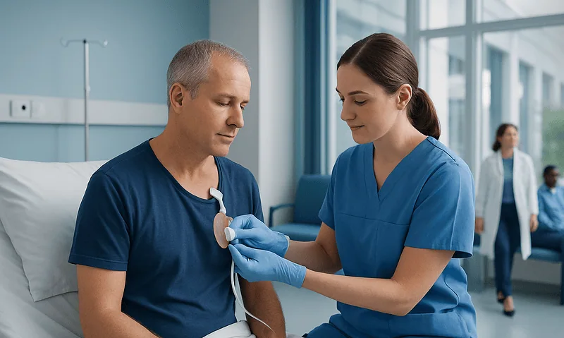 Nurse changing Hickman catheter dressing on patient in hospital room.