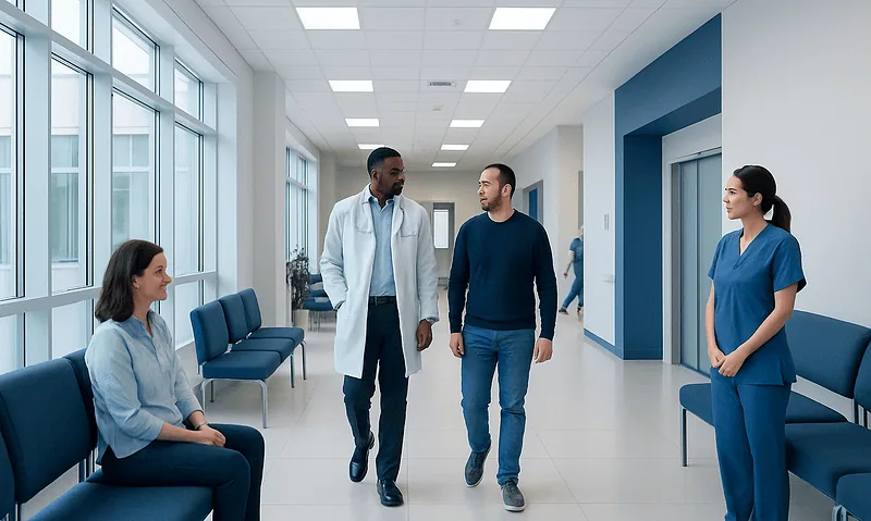 Medical professionals and patient in hospital corridor at Acibadem Hospitals Group.
