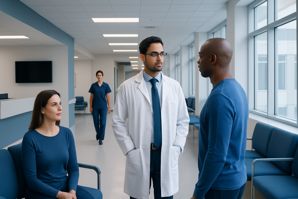 Histrelin Implant: An Evidence-Based Patient Guide 1 Doctor consulting with patient in hospital corridor with waiting area.