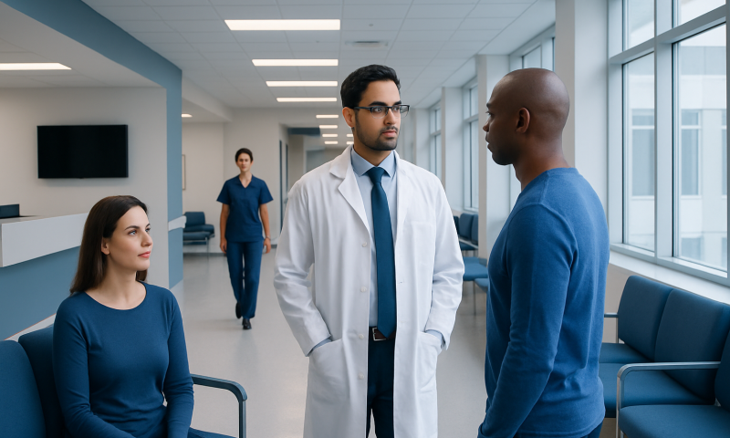 Histrelin Implant: An Evidence-Based Patient Guide 6 Doctor consulting with patient in hospital corridor with waiting area.