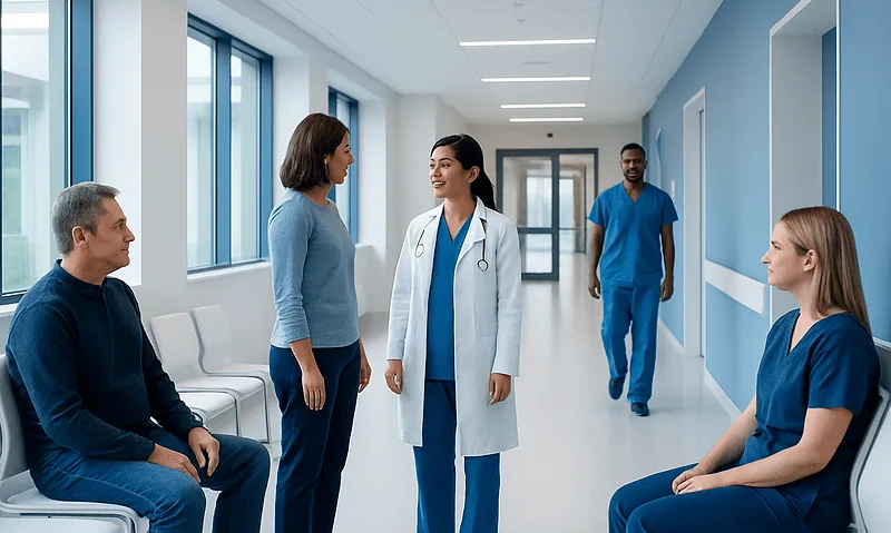 Patients and healthcare professionals in a hospital corridor.