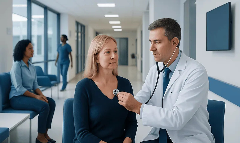 Doctor examining a woman with a stethoscope in a hospital corridor.