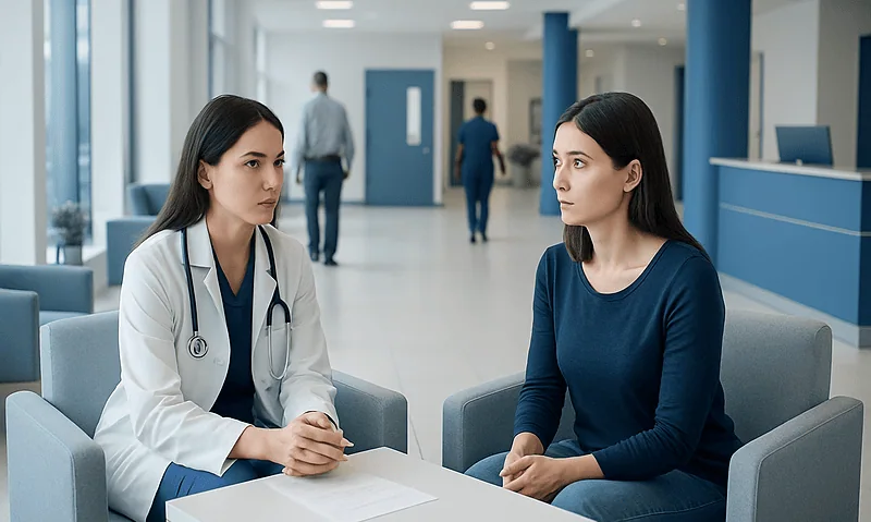 Doctor consulting a patient in a modern hospital lobby.