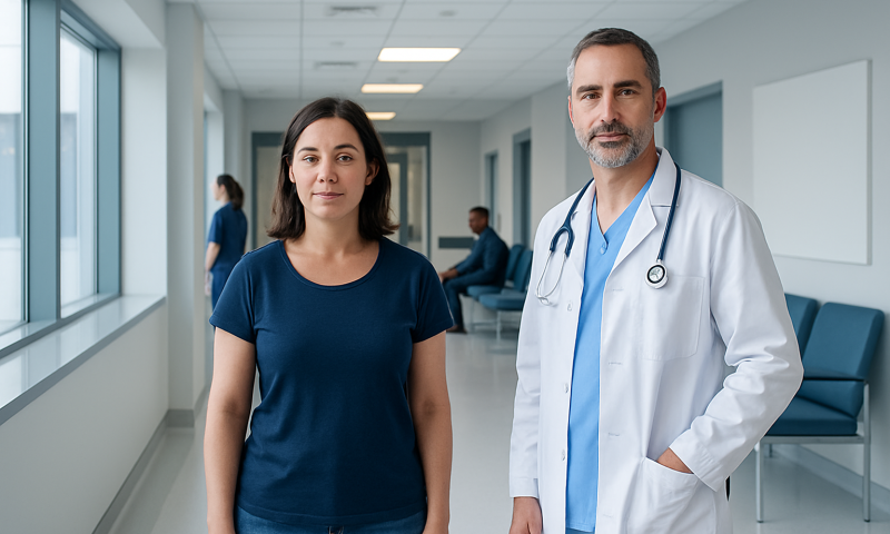 Doctor and patient in hospital corridor, healthcare setting.