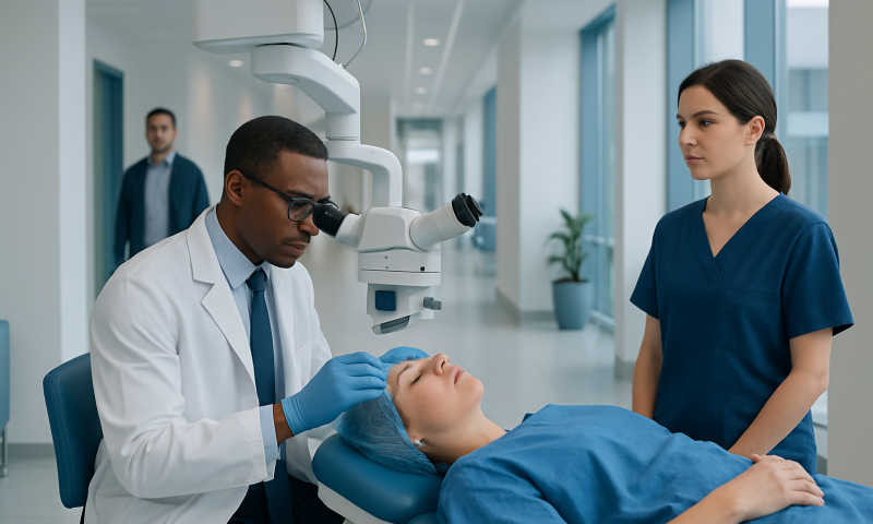 Keratopigmentation Procedure: An Evidence-Based Patient Guide 6 Ophthalmologist performing eye examination on patient in hospital.