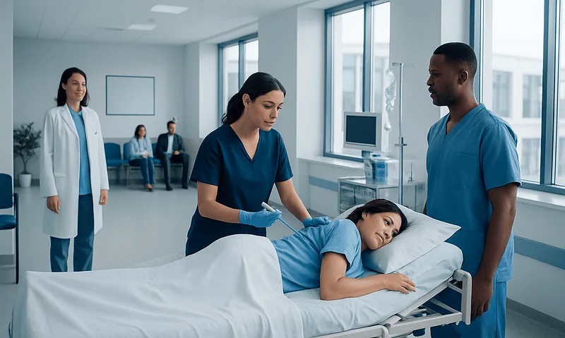 Medical team preparing a patient for a kidney biopsy in a hospital room.