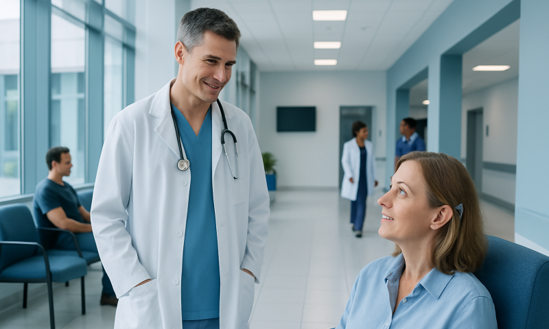 Doctor talking to a patient in a hospital corridor at Acibadem Hospitals Group.