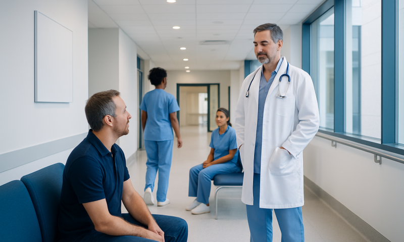 Doctor consulting patient in hospital corridor with medical staff in background.