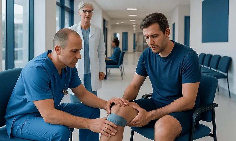 Doctor examining patient's knee in hospital corridor.