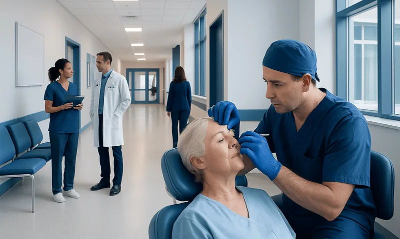 Ophthalmologist performs eye examination on elderly patient in hospital corridor.