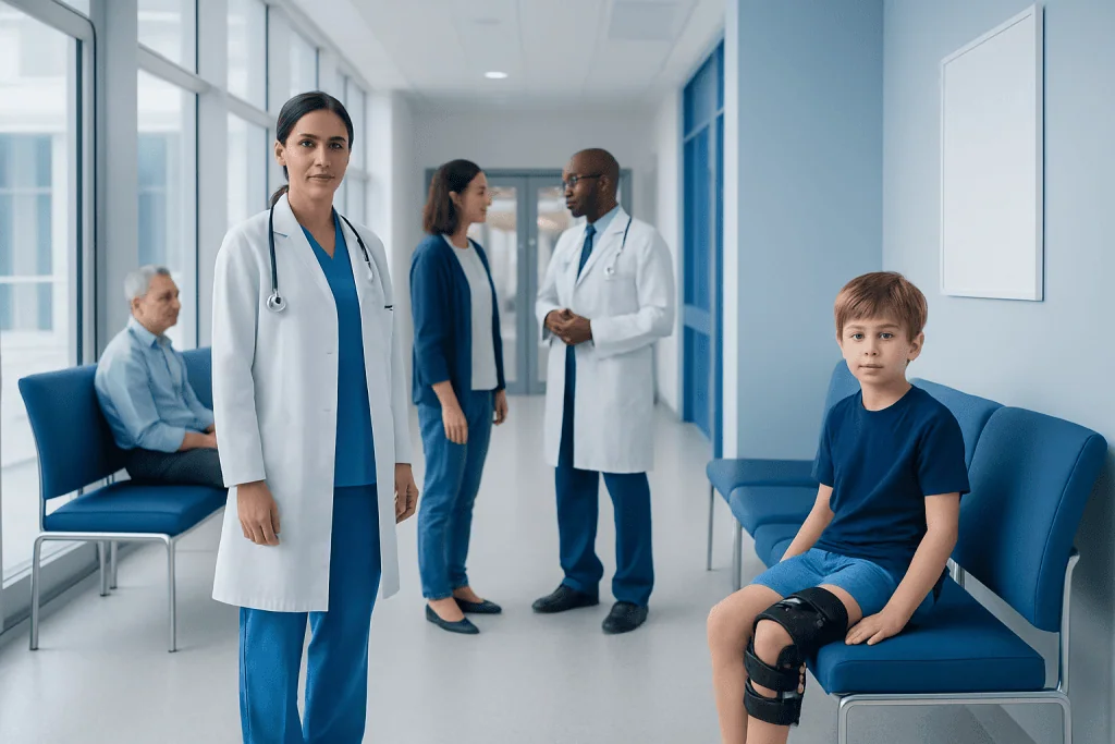 Legg Calve Perthes Disease Brace: An Evidence-Based Patient Guide 1 Pediatric patient with knee brace in hospital corridor with medical staff.