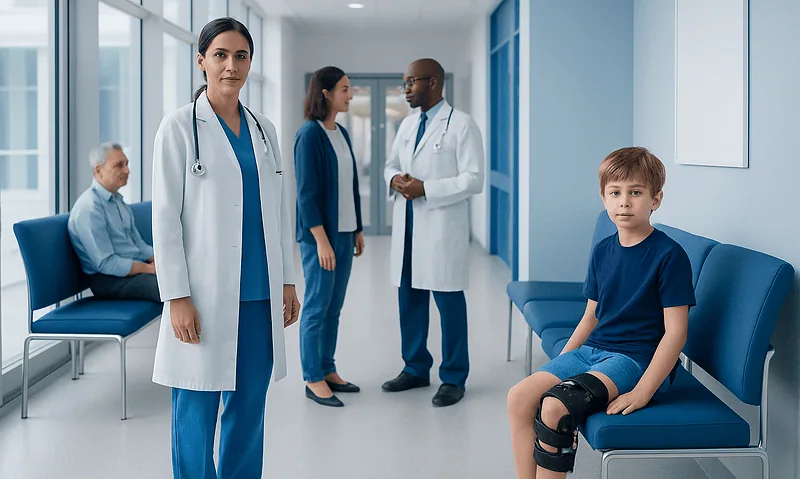 Pediatric patient with knee brace in hospital corridor with medical staff.