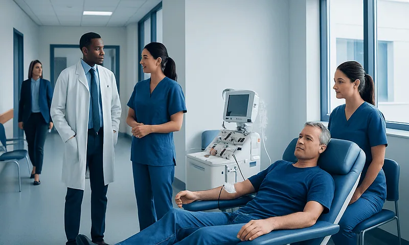 Patient undergoing leukapheresis in a hospital setting with medical staff present.