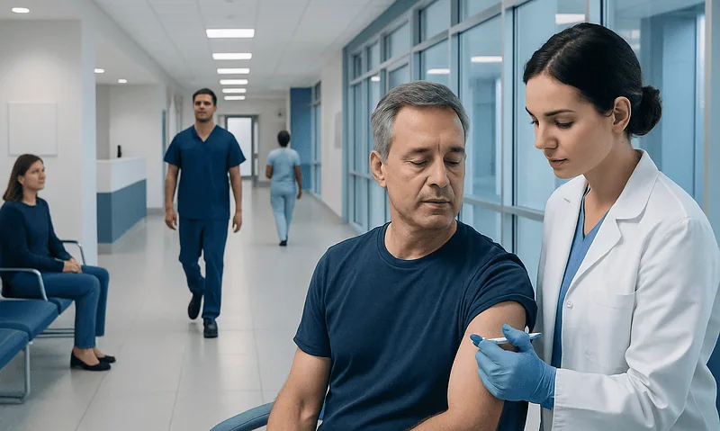 Doctor administering a vaccine to a patient in a hospital corridor.