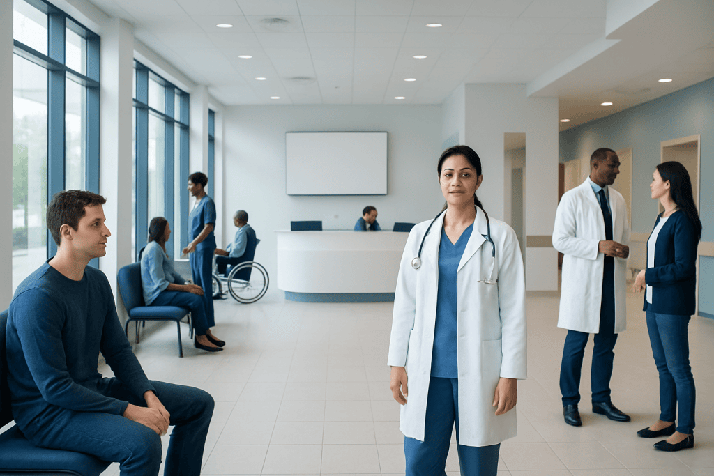 Limbal Stem Cell: An Evidence-Based Patient Guide 1 Medical professionals and patients in a modern hospital waiting area.