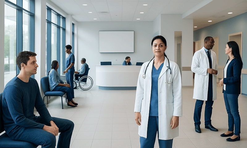 Medical professionals and patients in a modern hospital waiting area.