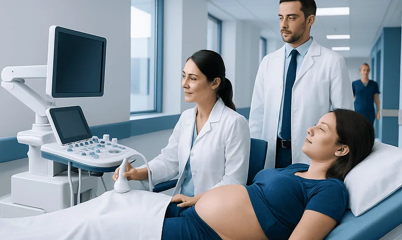 Medical team performs ultrasound on pregnant woman in hospital.