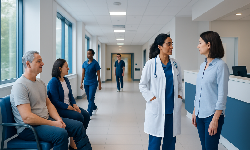 Healthcare professionals and patients in a hospital corridor.